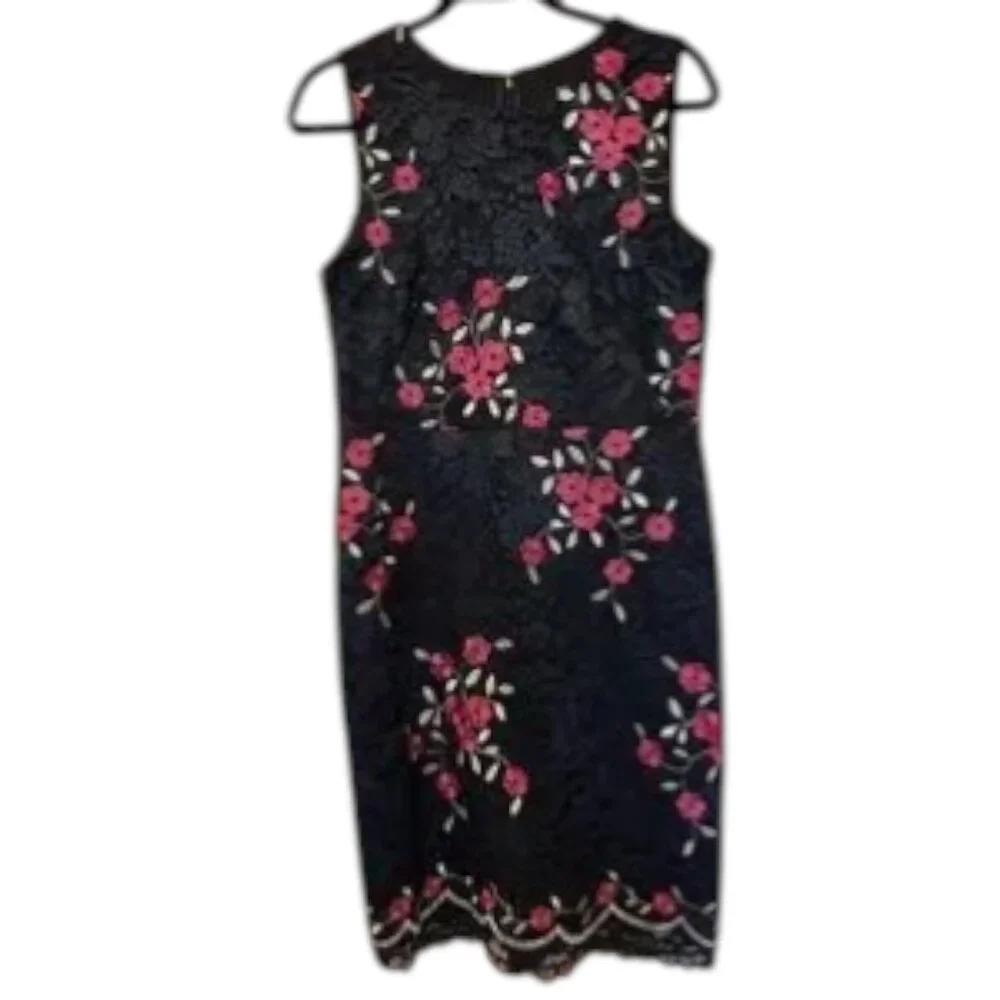 DKNY Navy Lace Dress Pink Floral Embroidery Sleeveless Cocktail Midi Sz 8 - Picture 3 of 11